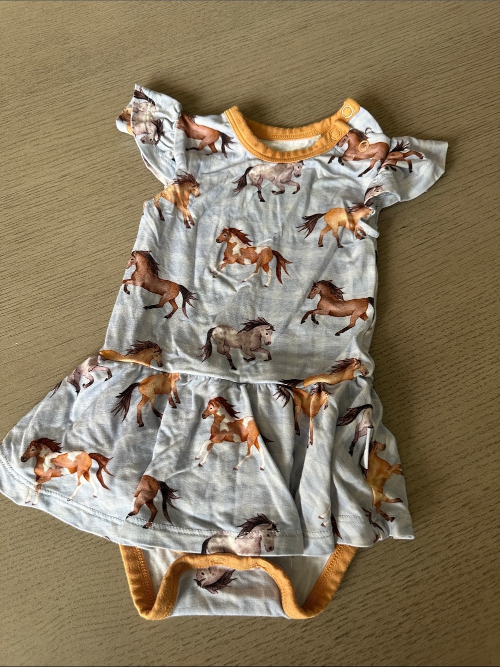Baby Dress Onesie with Horse Print - Light Blue & Mustard Trim